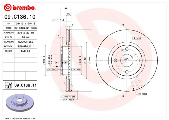 BREMBO brzdový kotúč 09.C136.11, súprava 2 ks