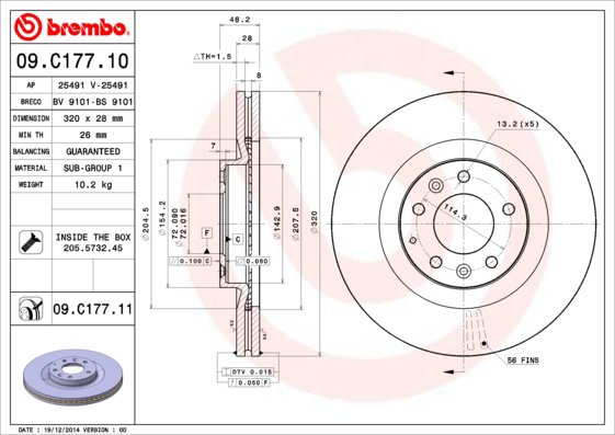 BREMBO brzdový kotúč 09.C177.11, súprava 2 ks