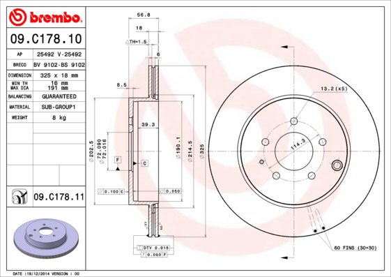 BREMBO brzdový kotúč 09.C178.11, súprava 2 ks
