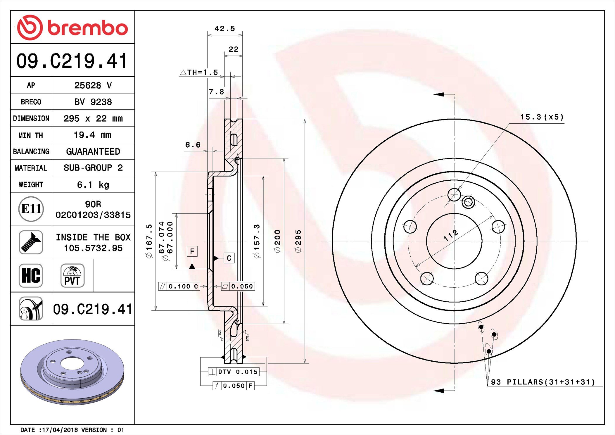 BREMBO brzdový kotúč 09.C219.41, sada 2 ks
