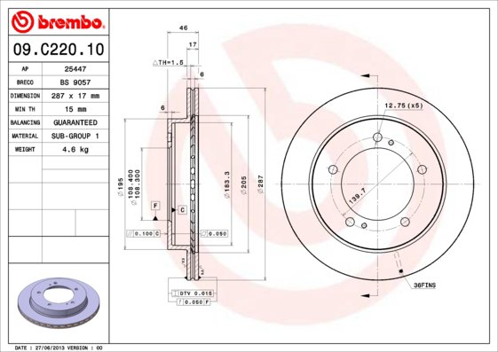 BREMBO brzdový kotúč 09.C220.10, sada 2 ks