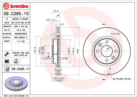 BREMBO brzdový kotúč 09.C285.11, súprava 2 ks