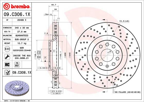 BREMBO brzdový kotúč 09.C306.1X, súprava 2 ks