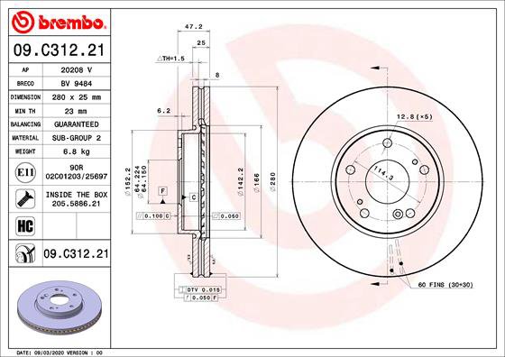 BREMBO brzdový kotúč 09.C312.21, súprava 2 ks