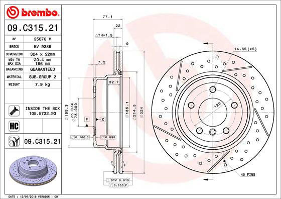 BREMBO brzdový kotúč 09.C315.21, súprava 2 ks