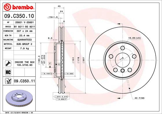 BREMBO brzdový kotúč 09.C350.11, sada 2 ks