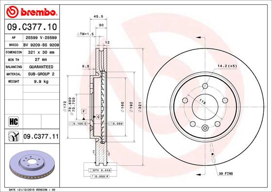 BREMBO brzdový kotúč 09.C377.11, sada 2 ks