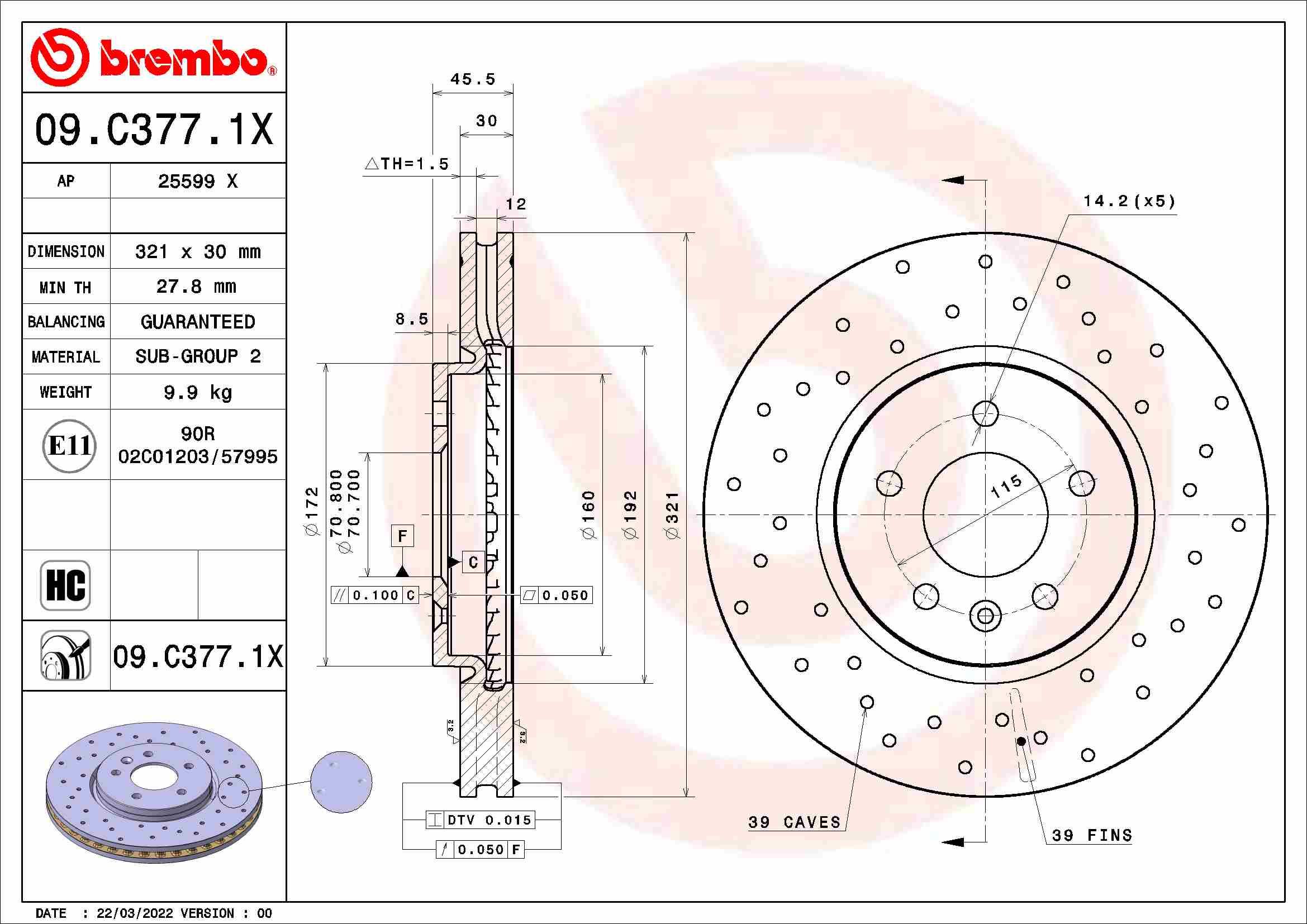 BREMBO brzdový kotúč 09.C377.1X, sada 2 ks