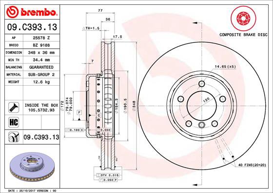 BREMBO brzdový kotúč 09.C393.13, sada 2 ks