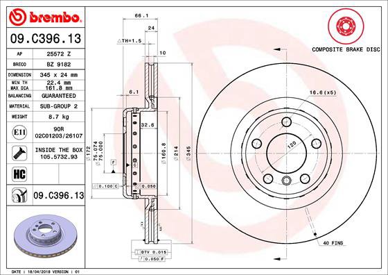 BREMBO brzdový kotúč 09.C396.13, sada 2 ks