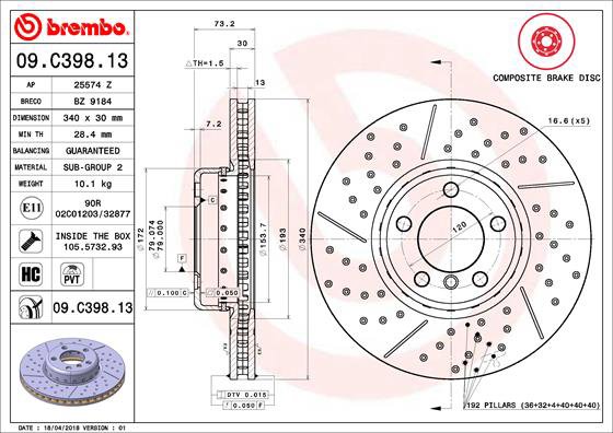 BREMBO brzdový kotúč 09.C398.13, sada 2 ks