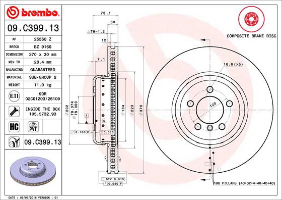 BREMBO brzdový kotúč 09.C399.13, sada 2 ks