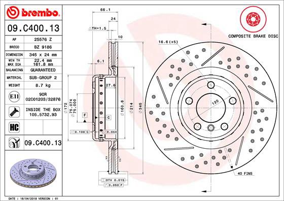 BREMBO brzdový kotúč 09.C400.13, sada 2 ks