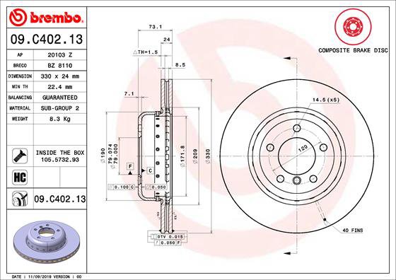 BREMBO brzdový kotúč 09.C402.13, sada 2 ks