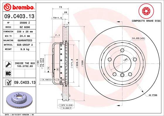 BREMBO brzdový kotúč 09.C403.13, sada 2 ks