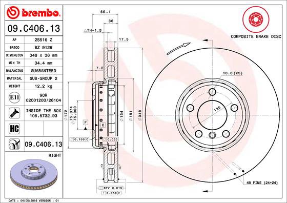 BREMBO brzdový kotúč 09.C406.13, súprava 2 ks