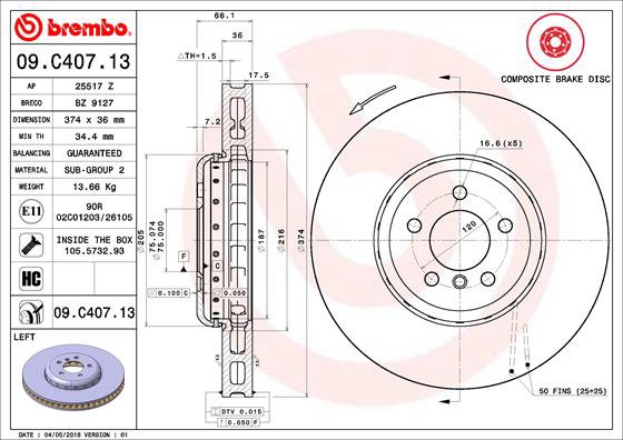 BREMBO brzdový kotúč 09.C407.13, súprava 2 ks