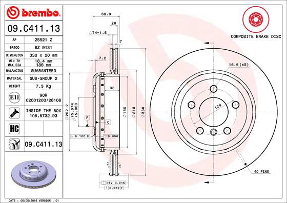BREMBO brzdový kotúč 09.C411.13, súprava 2 ks