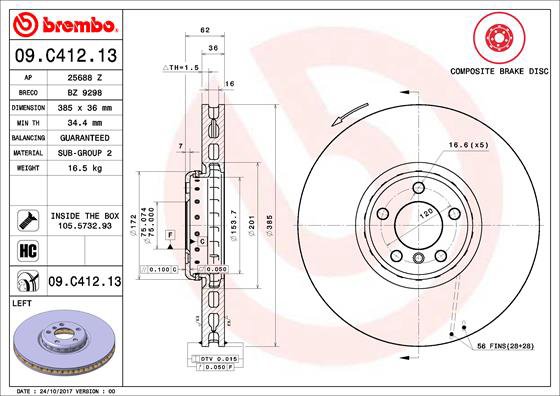 BREMBO brzdový kotúč 09.C412.13, súprava 2 ks