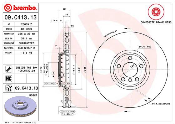 BREMBO brzdový kotúč 09.C413.13, súprava 2 ks