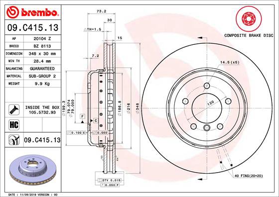 BREMBO brzdový kotúč 09.C415.13, sada 2 ks