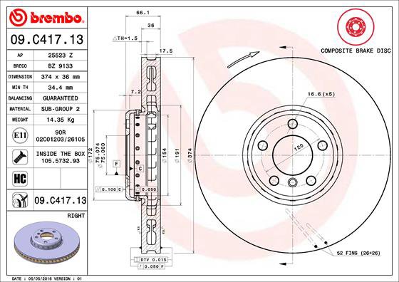 BREMBO brzdový kotúč 09.C417.13, sada 2 ks