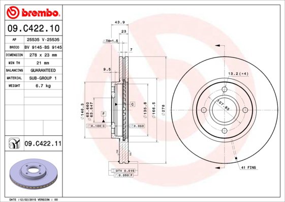 BREMBO brzdový kotúč 09.C422.11, sada 2 ks