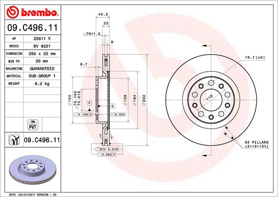 BREMBO brzdový kotúč 09.C496.11, sada 2 ks
