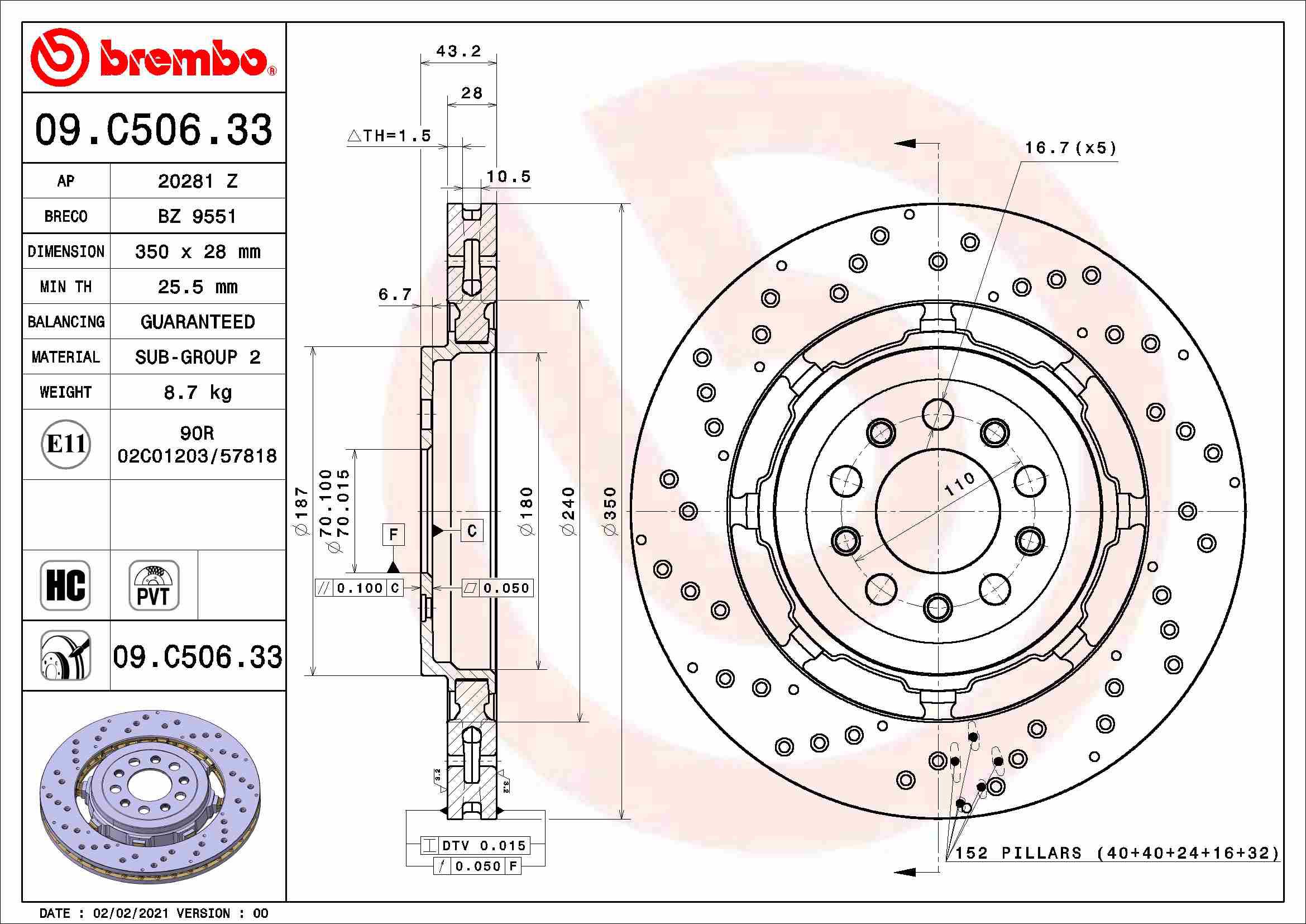 BREMBO brzdový kotúč 09.C506.33, súprava 2 ks