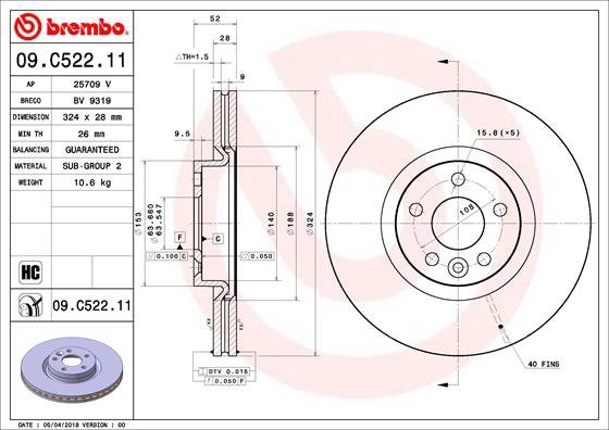 BREMBO brzdový kotúč 09.C522.11, sada 2 ks