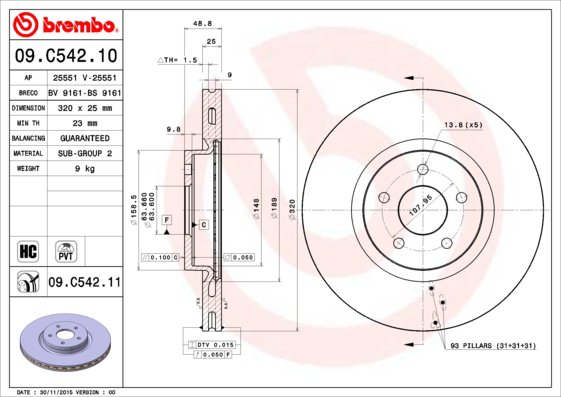 BREMBO brzdový kotúč 09.C542.11, sada 2 ks