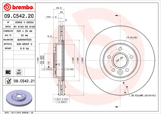 BREMBO brzdový kotúč 09.C542.21, sada 2 ks