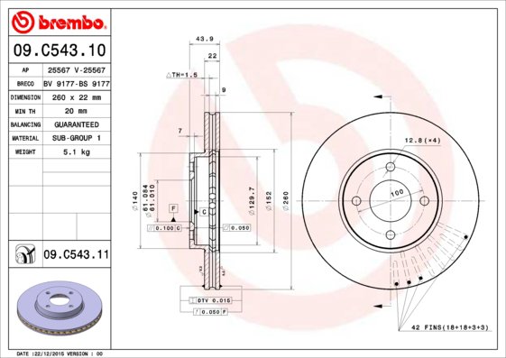 BREMBO brzdový kotúč 09.C543.11, sada 2 ks