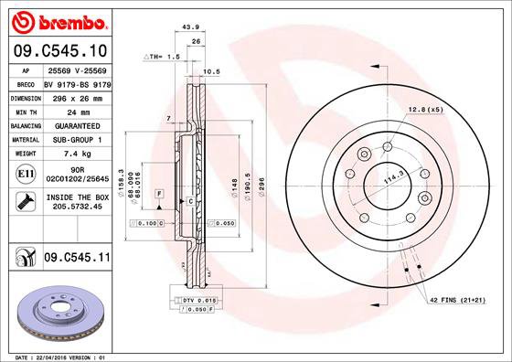 BREMBO brzdový kotúč 09.C545.11, súprava 2 ks