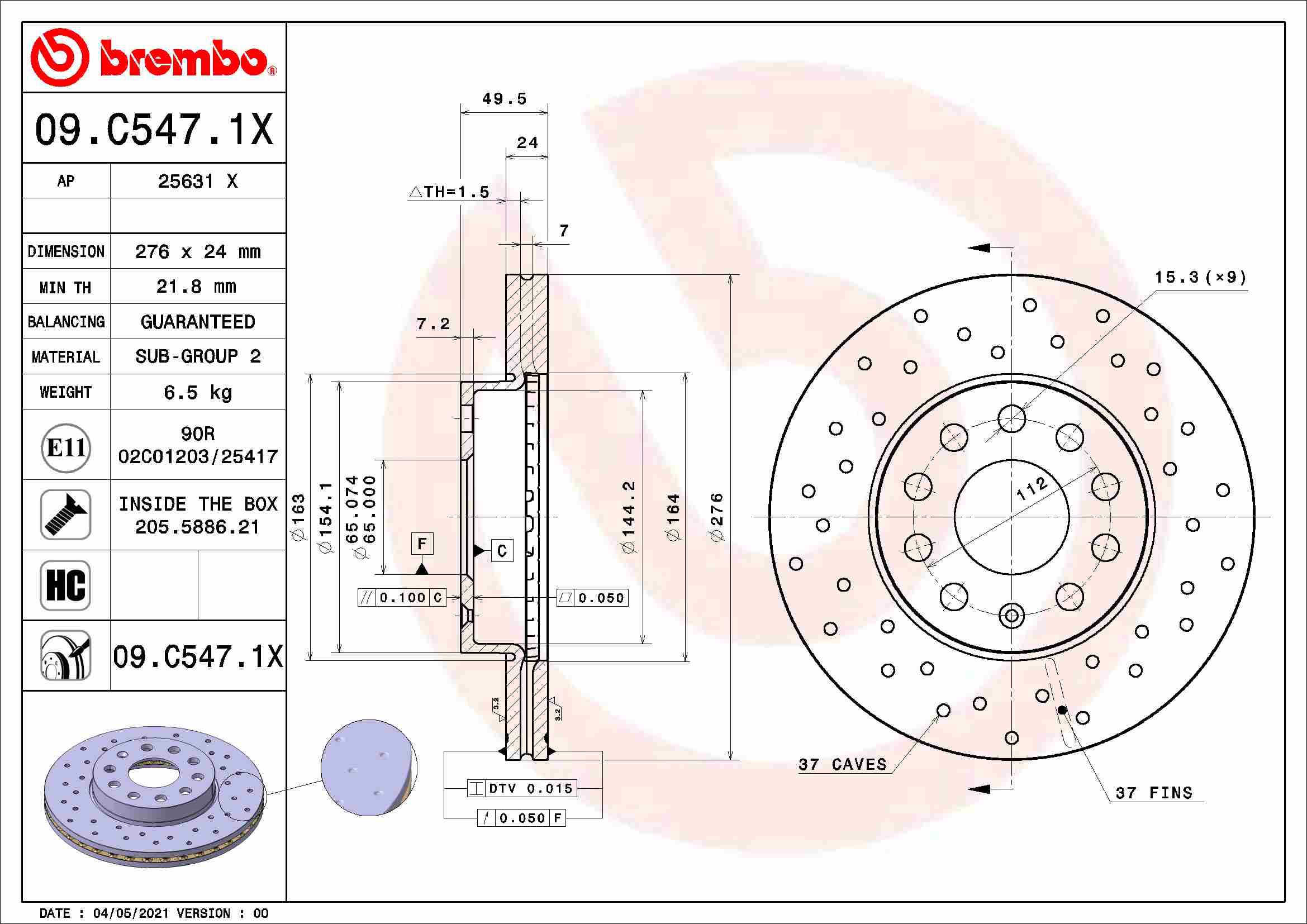 BREMBO brzdový kotúč 09.C547.1X, súprava 2 ks