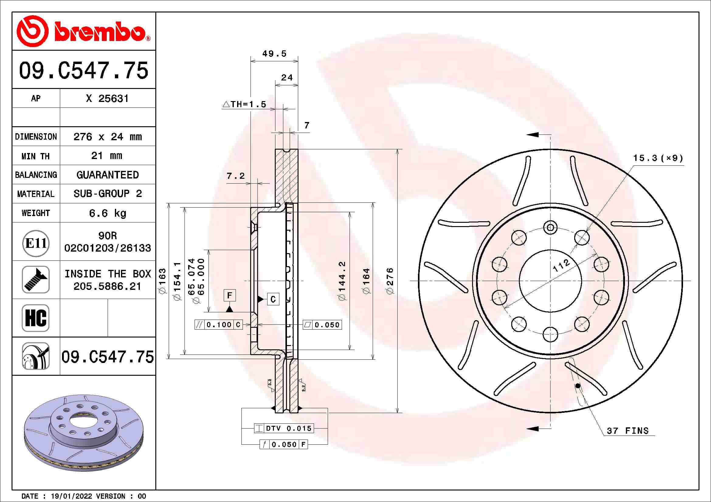 BREMBO brzdový kotúč 09.C547.75, súprava 2 ks