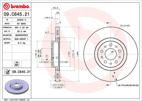 BREMBO brzdový kotúč 09.C645.21, súprava 2 ks