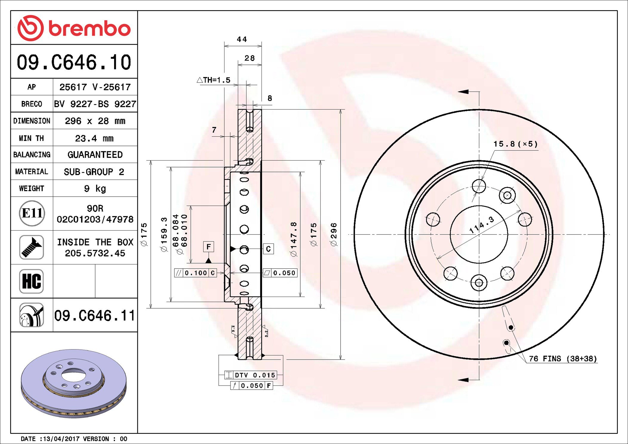 BREMBO brzdový kotúč 09.C646.11, súprava 2 ks