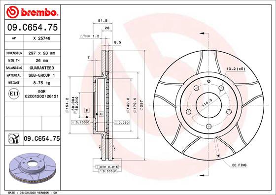 BREMBO brzdový kotúč 09.C654.75, súprava 2 ks