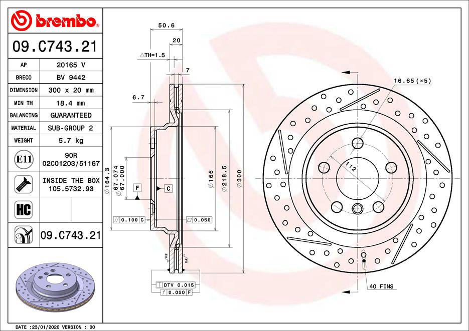 BREMBO brzdový kotúč 09.C743.21, sada 2 ks