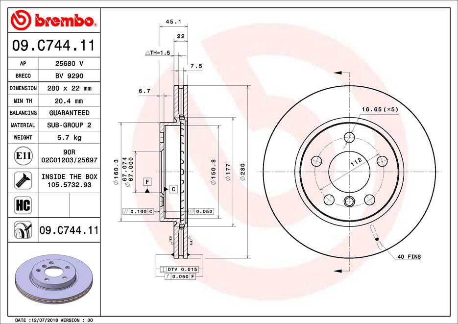 BREMBO brzdový kotúč 09.C744.11, sada 2 ks
