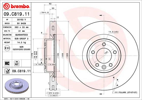BREMBO brzdový kotúč 09.C819.11, sada 2 ks