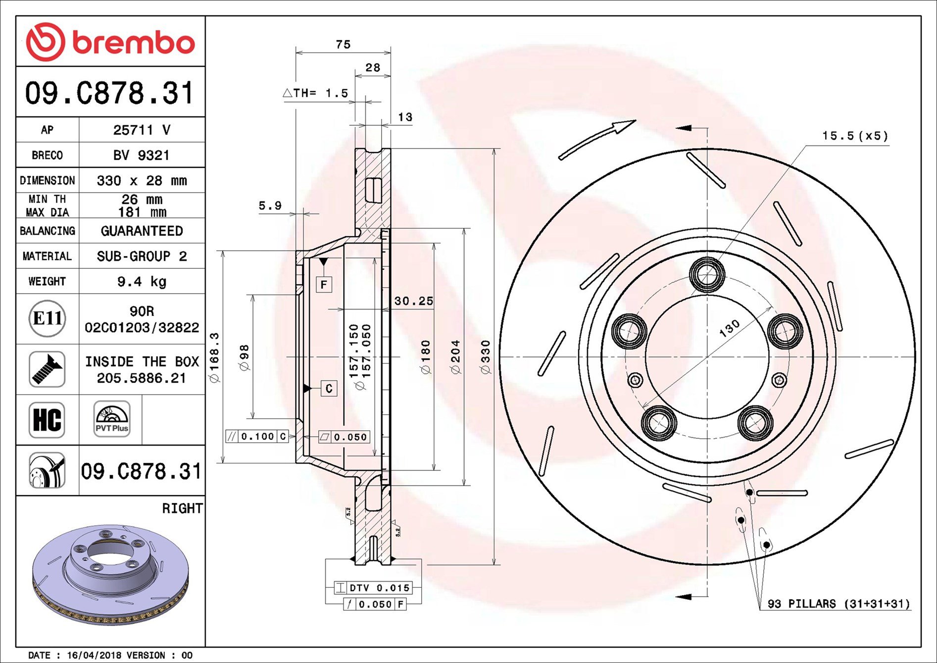 BREMBO brzdový kotúč 09.C878.31, súprava 2 ks