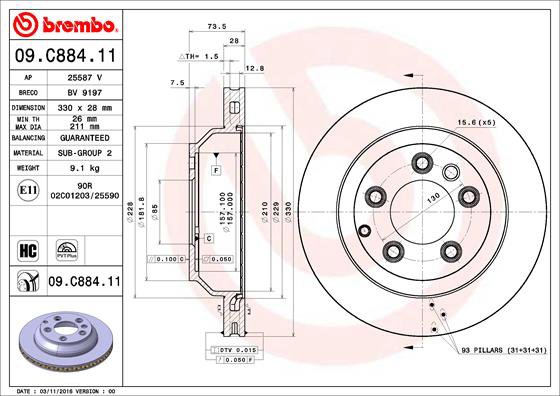 BREMBO brzdový kotúč 09.C884.11, sada 2 ks