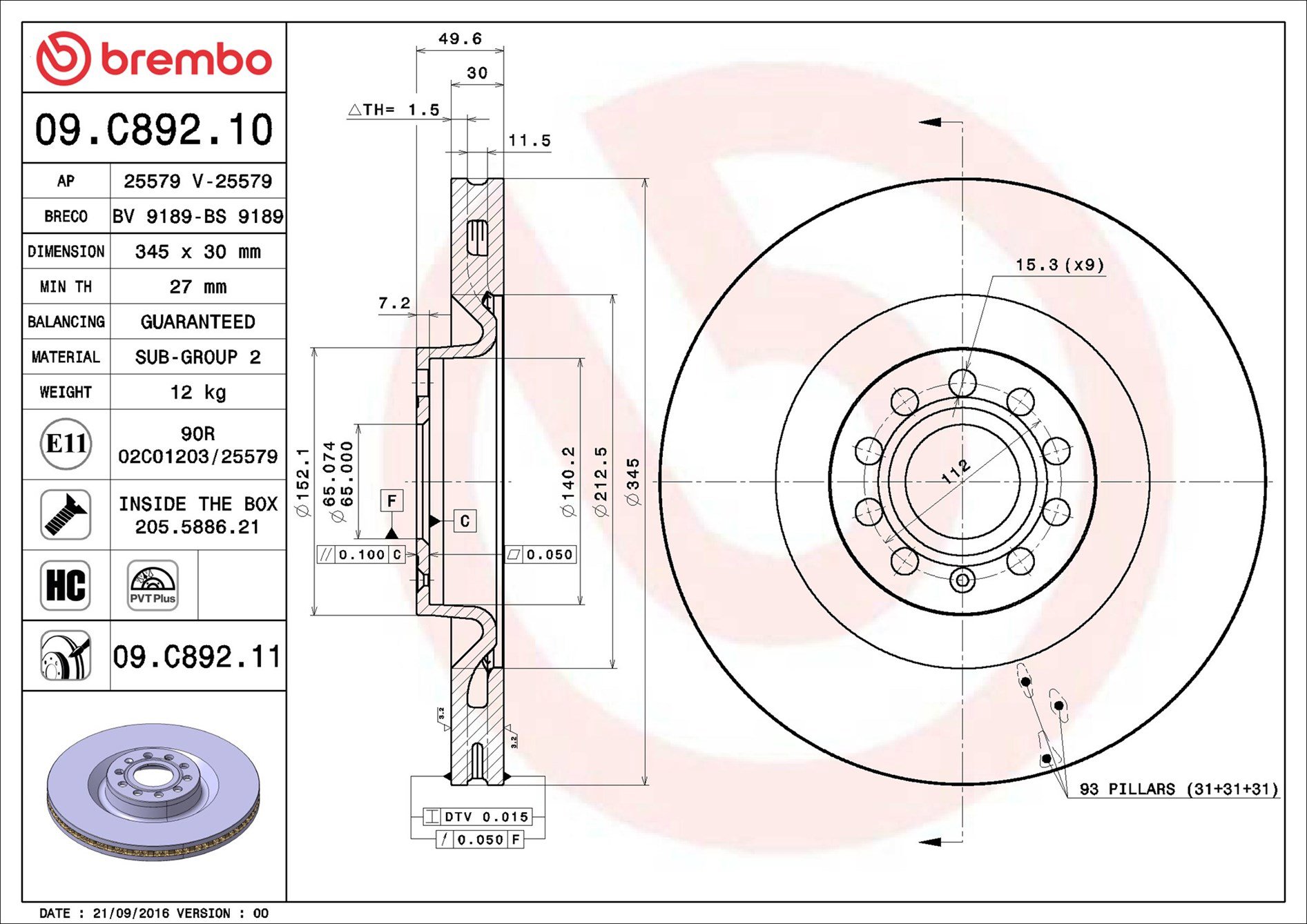 BREMBO brzdový kotúč 09.C892.11, sada 2 ks