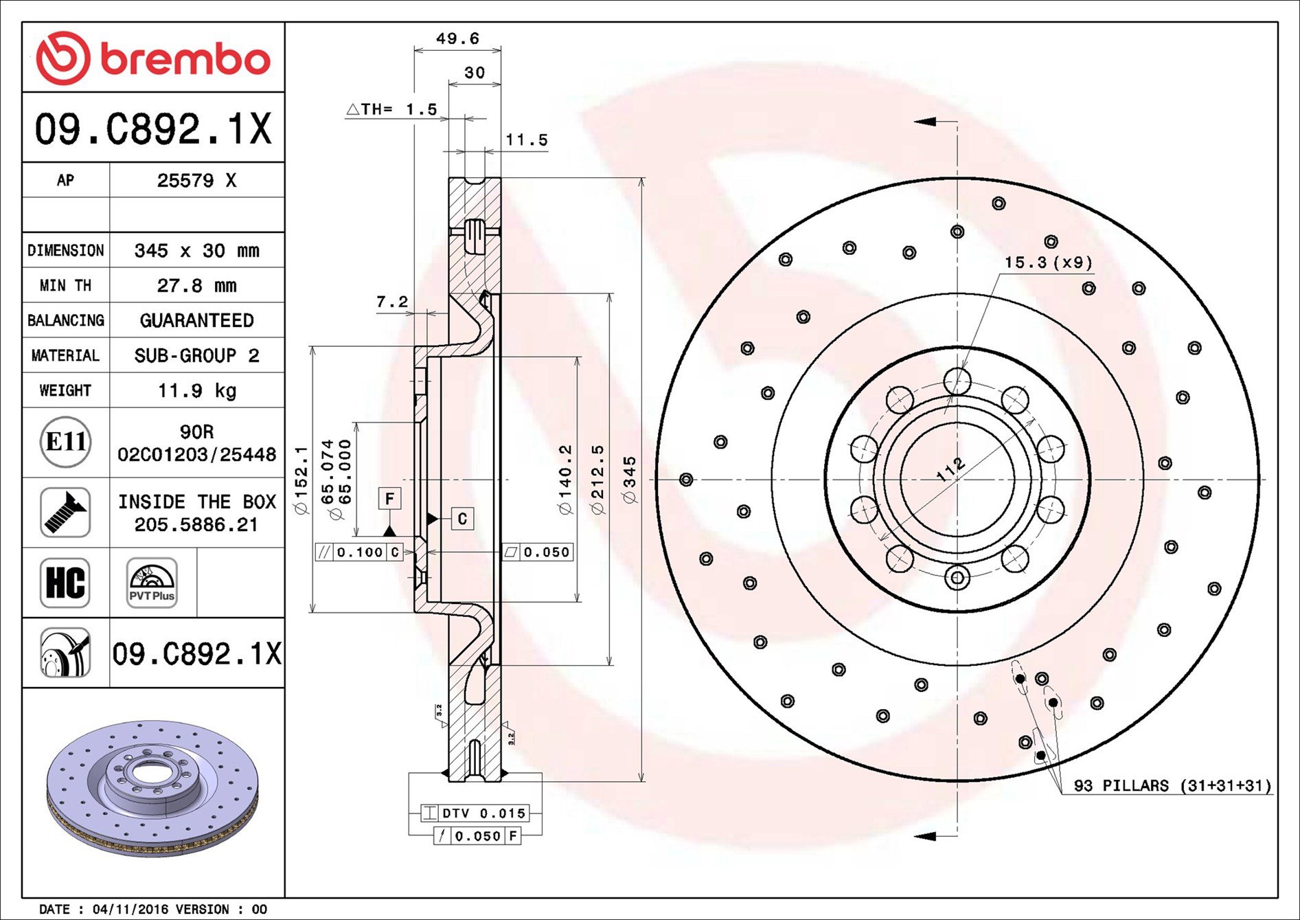 BREMBO brzdový kotúč 09.C892.1X, sada 2 ks