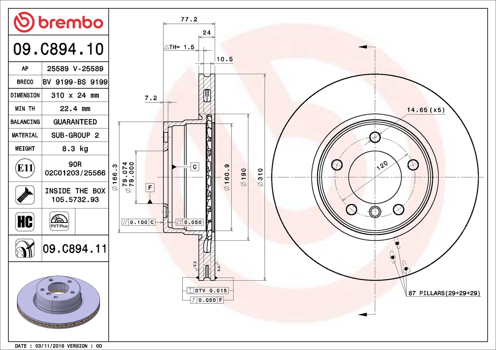 BREMBO brzdový kotúč 09.C894.11, súprava 2 ks