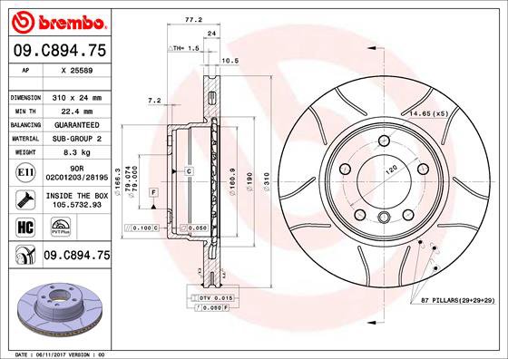 BREMBO brzdový kotúč 09.C894.75, súprava 2 ks