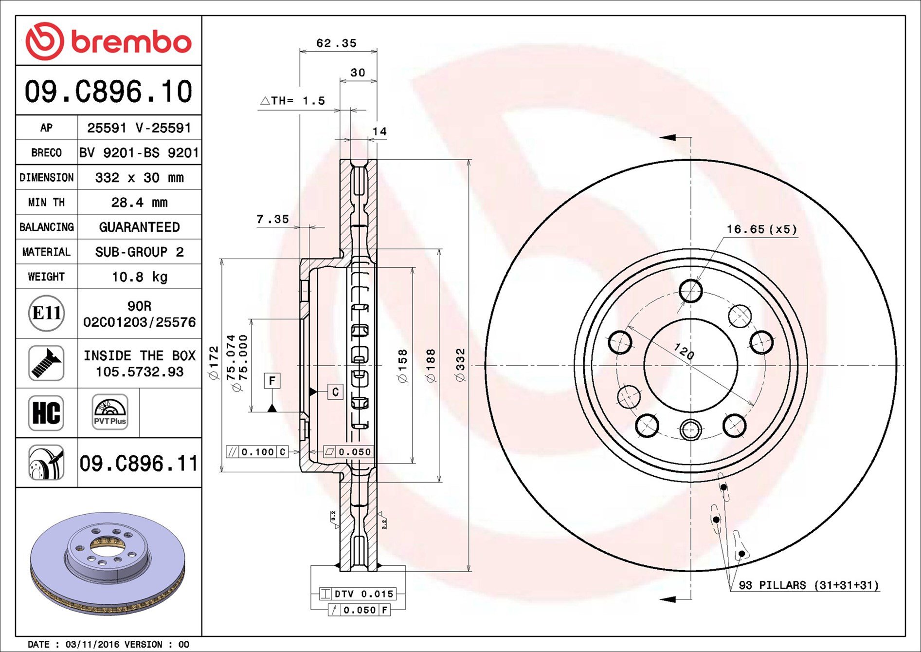 BREMBO brzdový kotúč 09.C896.11, súprava 2 ks