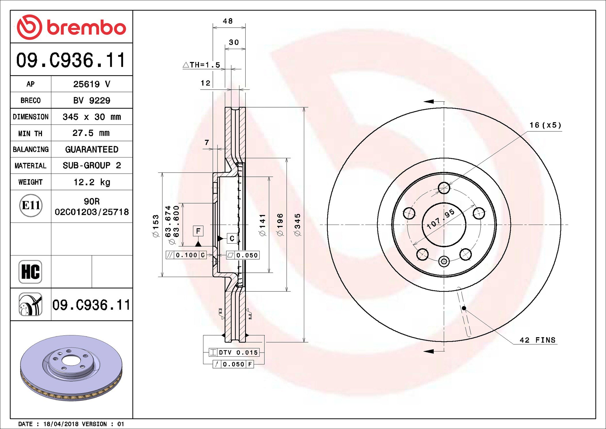 BREMBO brzdový kotúč 09.C936.11, súprava 2 ks